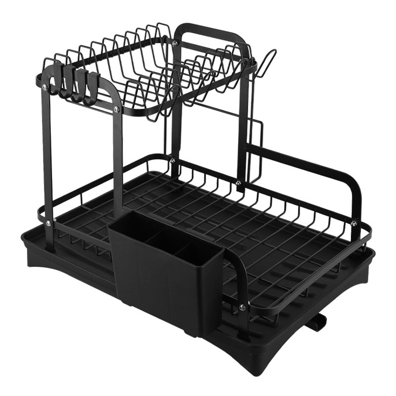 2-Tier Folding Dish Drying Rack with Cutlery Holder & Drain Tray