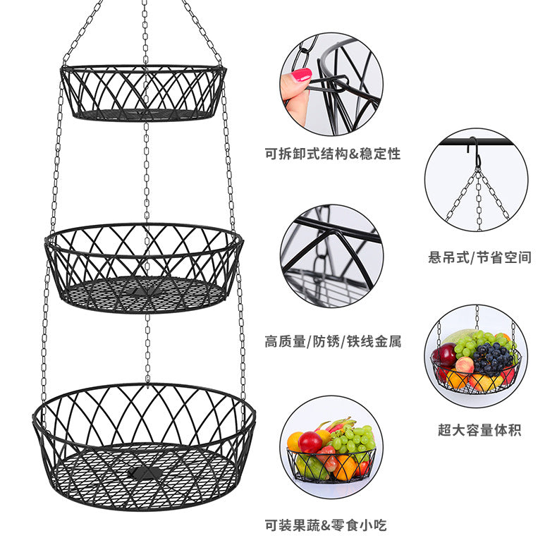 3-Tier Hanging Metal Wire Fruit Basket & Heavy-Duty Kitchen Storage Organizer