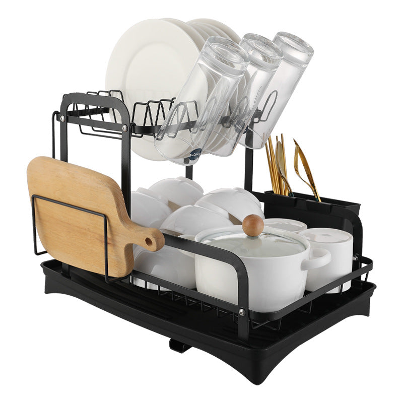 2-Tier Folding Dish Drying Rack with Cutlery Holder & Drain Tray