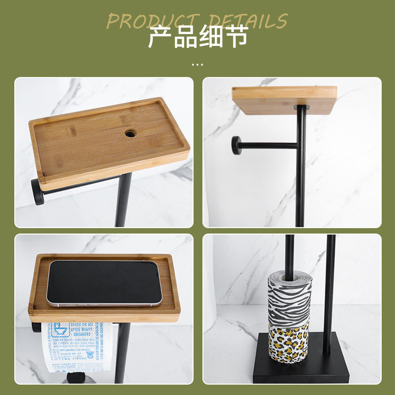Freestanding Solid Wood & Stainless Steel Double Rod Toilet Paper Stand