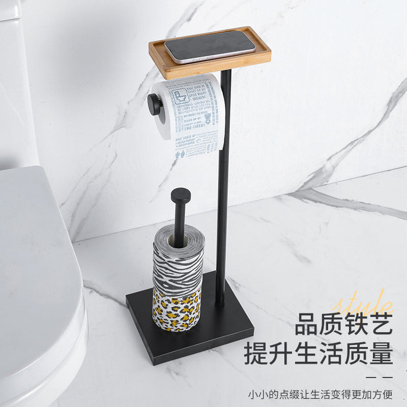 Freestanding Solid Wood & Stainless Steel Double Rod Toilet Paper Stand