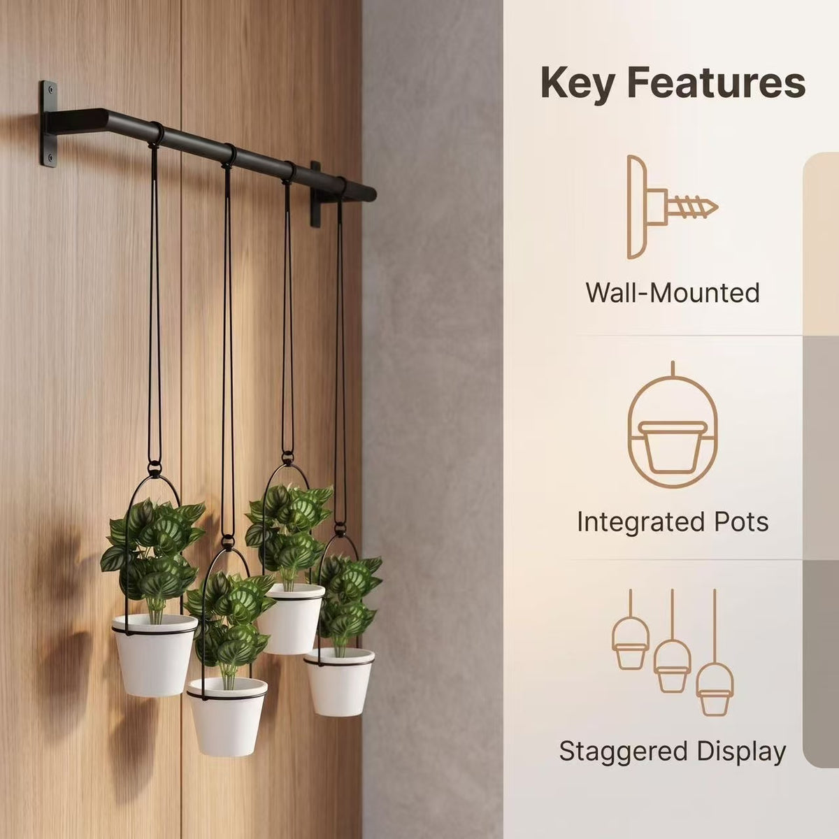 4-Pack Wall-Mounted Hanging Planter Set with Metal Rod