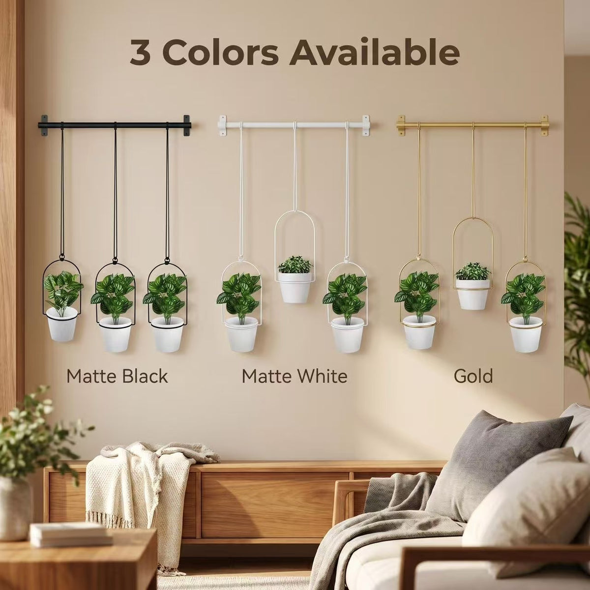 4-Pack Wall-Mounted Hanging Planter Set with Metal Rod
