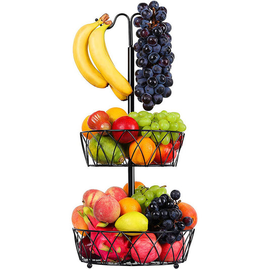 2-Tier Metal Countertop Fruit Basket with Detachable Banana Hanger Hook