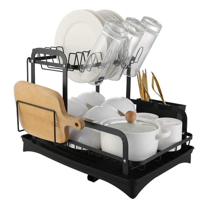 2-Tier Folding Dish Drying Rack with Cutlery Holder & Drain Tray