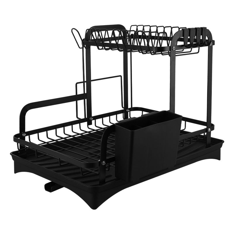 2-Tier Folding Dish Drying Rack with Cutlery Holder & Drain Tray