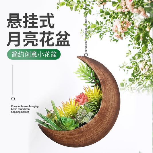 Vintage Metal Crescent Moon Hanging Wall Planter with Chain for Succulents