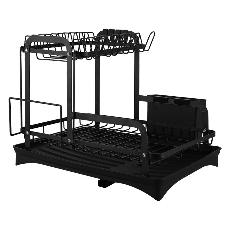 2-Tier Folding Dish Drying Rack with Cutlery Holder & Drain Tray