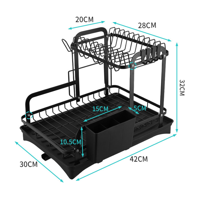 2-Tier Folding Dish Drying Rack with Cutlery Holder & Drain Tray